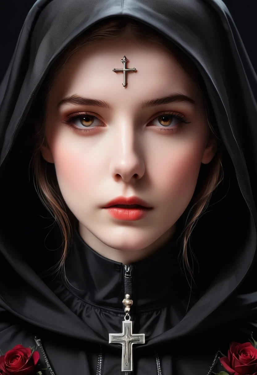 Close-up of a person wearing a hood and hoodie, nun fashion model, flora borsi, nun, nun fashion model looking up, an evil nun, vampire nun, nun outfit, majestic saint, karol bak of emma watson nun, orthodox cyberpunk, Photography Alexey Kurilev, saint, black robe, Dark Priest, hooded