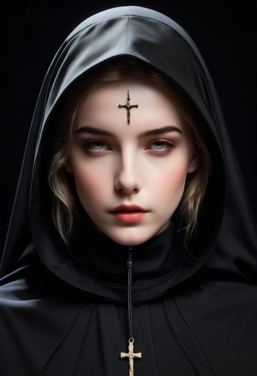 Close-up of a person wearing a hood and hoodie, nun fashion model, flora borsi, nun, nun fashion model looking up, an evil nun, vampire nun, nun outfit, majestic saint, karol bak of emma watson nun, orthodox cyberpunk, Photography Alexey Kurilev, saint, black robe, Dark Priest, hooded