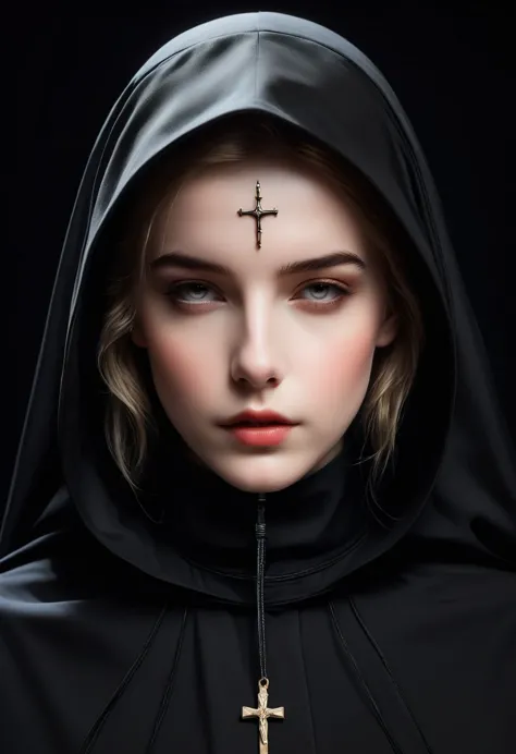 close-up of a person wearing a hood and hoodie, nun fashion model, flora borsi, nun, nun fashion model looking up, an evil nun, ...