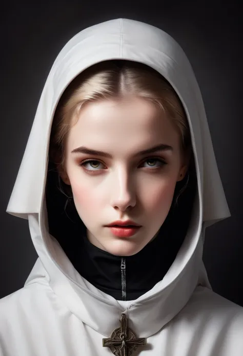 Close-up of a person wearing a hood and hoodie, nun fashion model, flora borsi, nun, nun fashion model looking up, an evil nun, ...