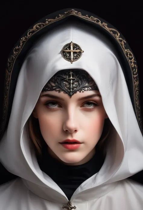 Close-up of a person wearing a hood and hoodie, nun fashion model, flora borsi, nun, nun fashion model looking up, an evil nun, ...