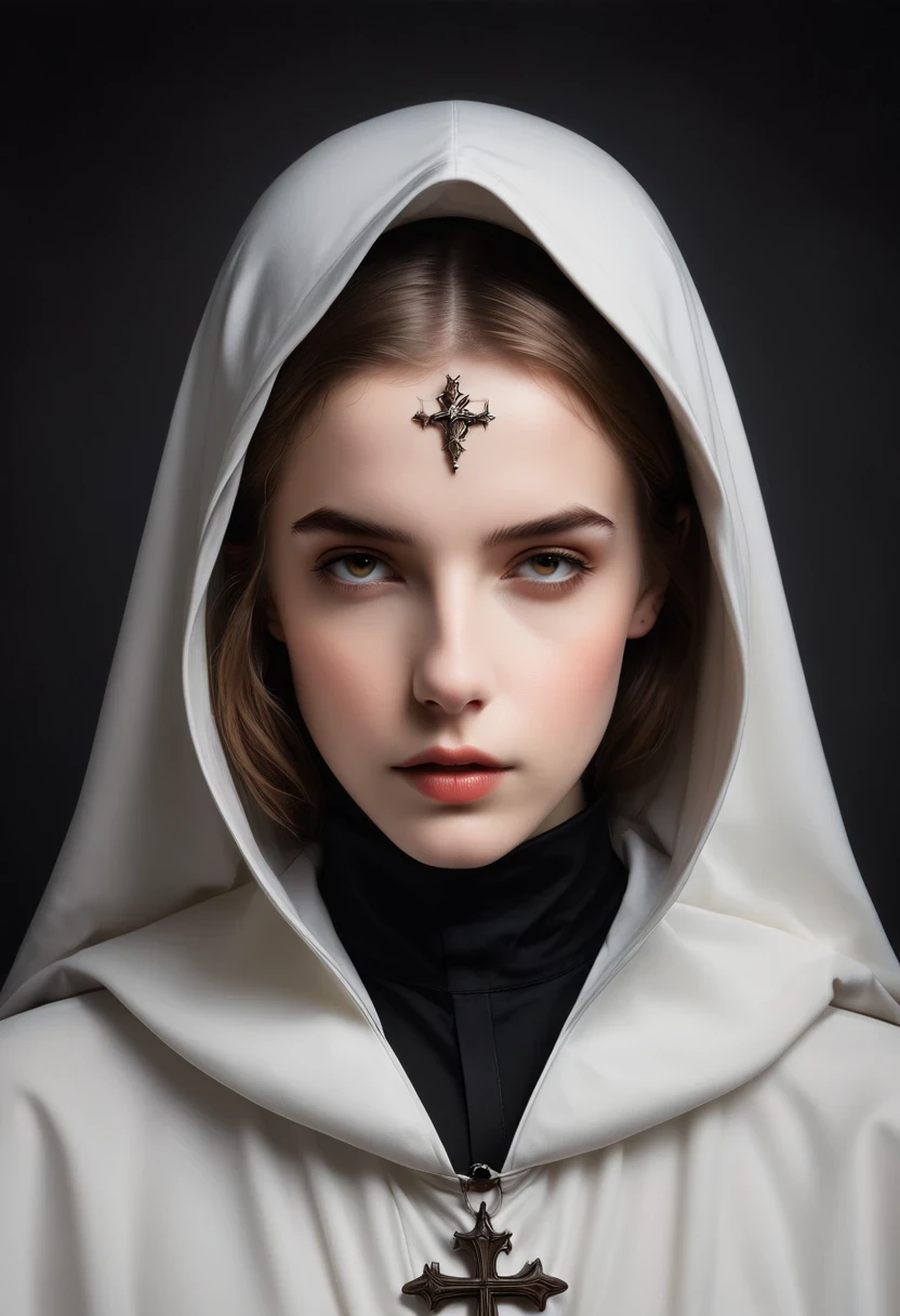 Close-up of a person wearing a hood and hoodie, nun fashion model, flora borsi, nun, nun fashion model looking up, an evil nun, vampire nun, nun outfit, majestic saint, karol bak of emma watson nun, orthodox cyberpunk, Photography Alexey Kurilev, saint, black robe, Dark Priest, hooded