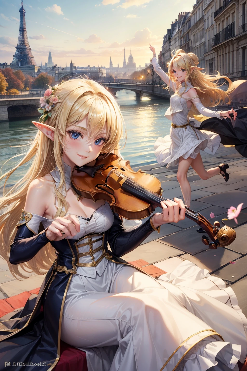 1girl, ((high quality)),((masterpiece)), elegant clothes, elf　,  light skin　, Avatar girl, blonde messy hair,　city, Paris, cute,sexy, smile, printemps , elegant ,🪻,🏵️💮🌸🪷🌷 , playing on violin, 