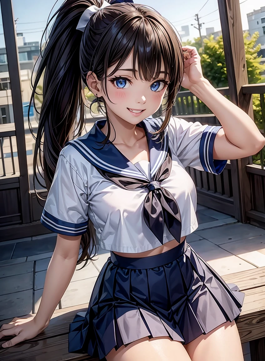 beautiful features、Japanese、brown hair、((ponytail、deep blue eyes:1.2))、shiny smooth hair, thick bangs、(smile showing white teeth:1.2), highly detailed eyes, highest quality, ultra high resolution, Beautiful and vivid illustrations、Ultra-realistic oily and shiny skin, Super fine, High resolution CG Unity 8K wallpaper, Raw photo, Accurate, anatomically correct, sailor suit、Navy blue pleated skirt urban、