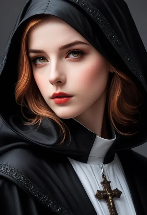 Close-up of a person wearing a hood and hoodie, nun fashion model, flora borsi, nun, nun fashion model looking up, an evil nun, ...