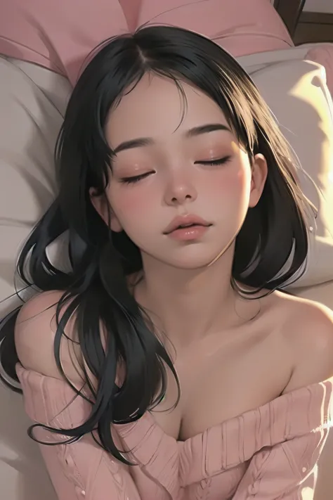 Sexy woman, eyes closed, mouth open, very deep blush, tip of the nose is red, long neck, off shoulder pink sweater, medium chest, visible cleavage, bedroom, warm lighting , lying on bed, head on pillow, facing up 