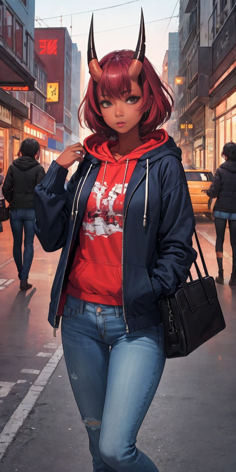 masterpiece, best quality, ultra high res, beautiful, visually stunning, elegant, incredible details, award-winning art, 0n1, red skin, oni horns, oni, red oni, colored skin, hoodie, jeans, handbag, neon city street background