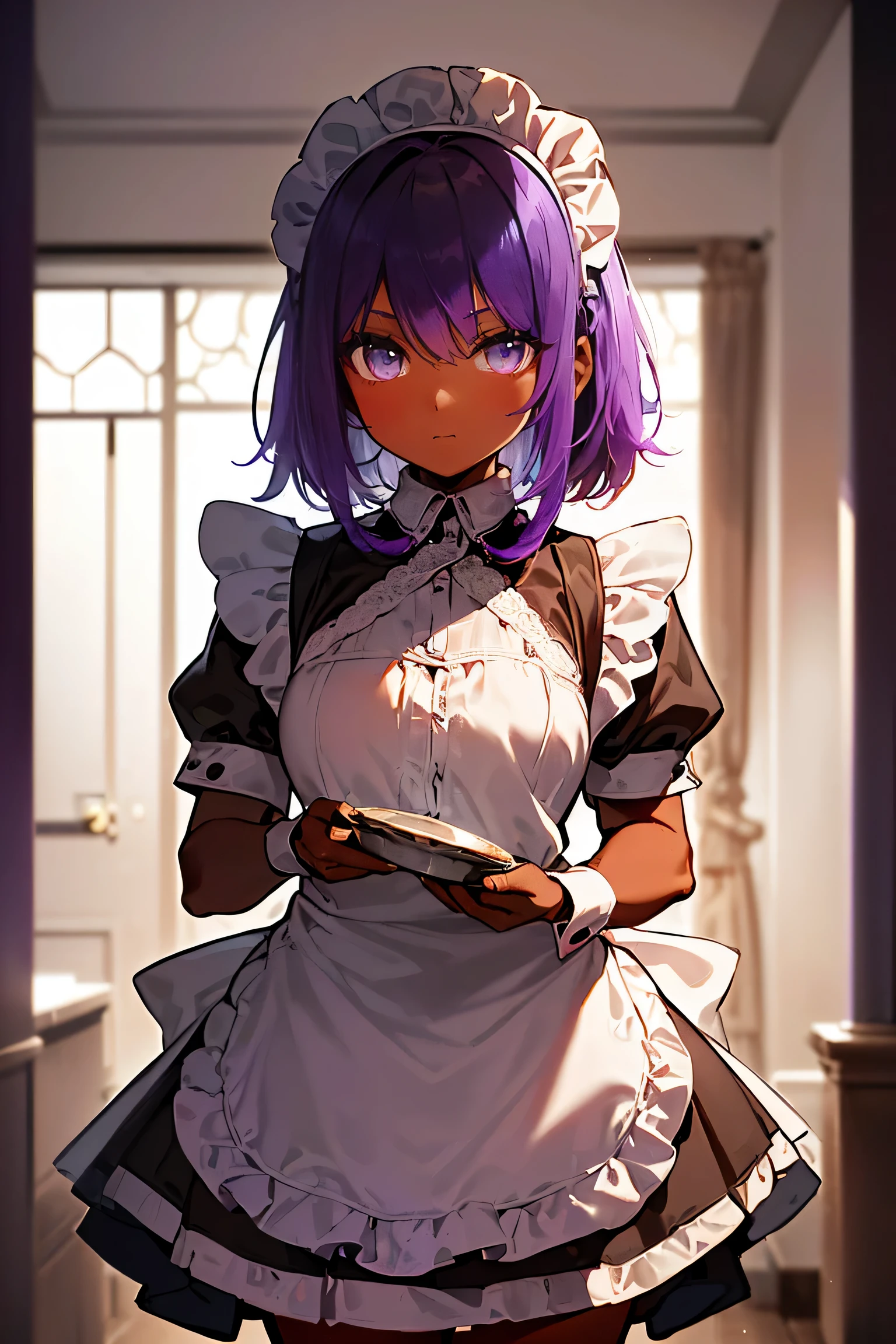 masterpiece, best quality,high resolution, 1girl, bokeh dof, glossy blue eyes, (dark skin:2) ,(Maid clothes:1.5), 1girl , indoor,mansion, Look at viewers, princess cut, cowboy shot, (outer dark brown colored hair, inner bright purple colored hair:1.75),