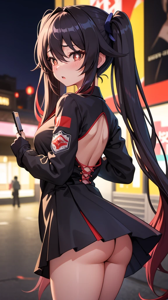 masterpiece, best quality, HuTaoV4, 1girl, solo, blush, twintails, long hair, hair between eyes, ((streetwear clothes)), city, outdoors, night, movie poster, extremely detailed 8K, smooth, high resolution, ultra quality, cinematic lighting, ambient occlusion, hd, 2k, 4k, 8k, 16k, extremely detailed anime, detailed faces, perfect composition, wide shot, atmospheric lighting, very sexy, lift skirt, random low back angle, uncensored, nsfw, sin censura