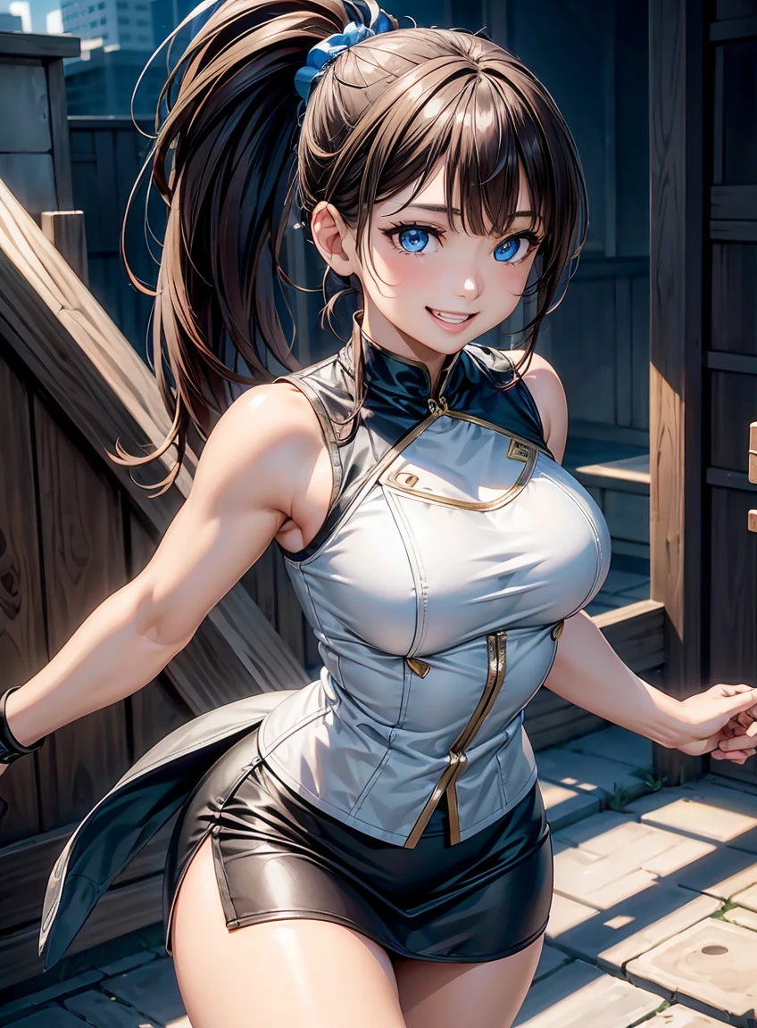 beautiful features、Japanese、brown hair、((ponytail、deep blue eyes:1.2))、shiny smooth hair, thick bangs、(smile showing white teeth:1.2), highly detailed eyes, highest quality, ultra high resolution, Beautiful and vivid illustrations、Ultra-realistic oily and shiny skin, Super fine, High resolution CG Unity 8K wallpaper, Raw photo, Accurate, anatomically correct, Sleeveless jacket、pencil skirt、bootulti-tenant building、