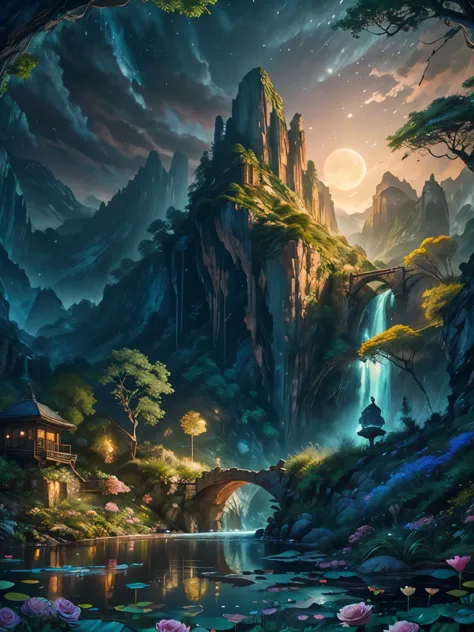 There is a huge waterfall in the middle of a mountain, ancient city embedded in mountain rocks, epic matte painting of an island...