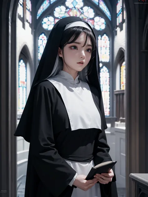 sexy nun black robe,church background,the face holding the bible and studying it in detail,the delicate eyes are ethereal and dr...