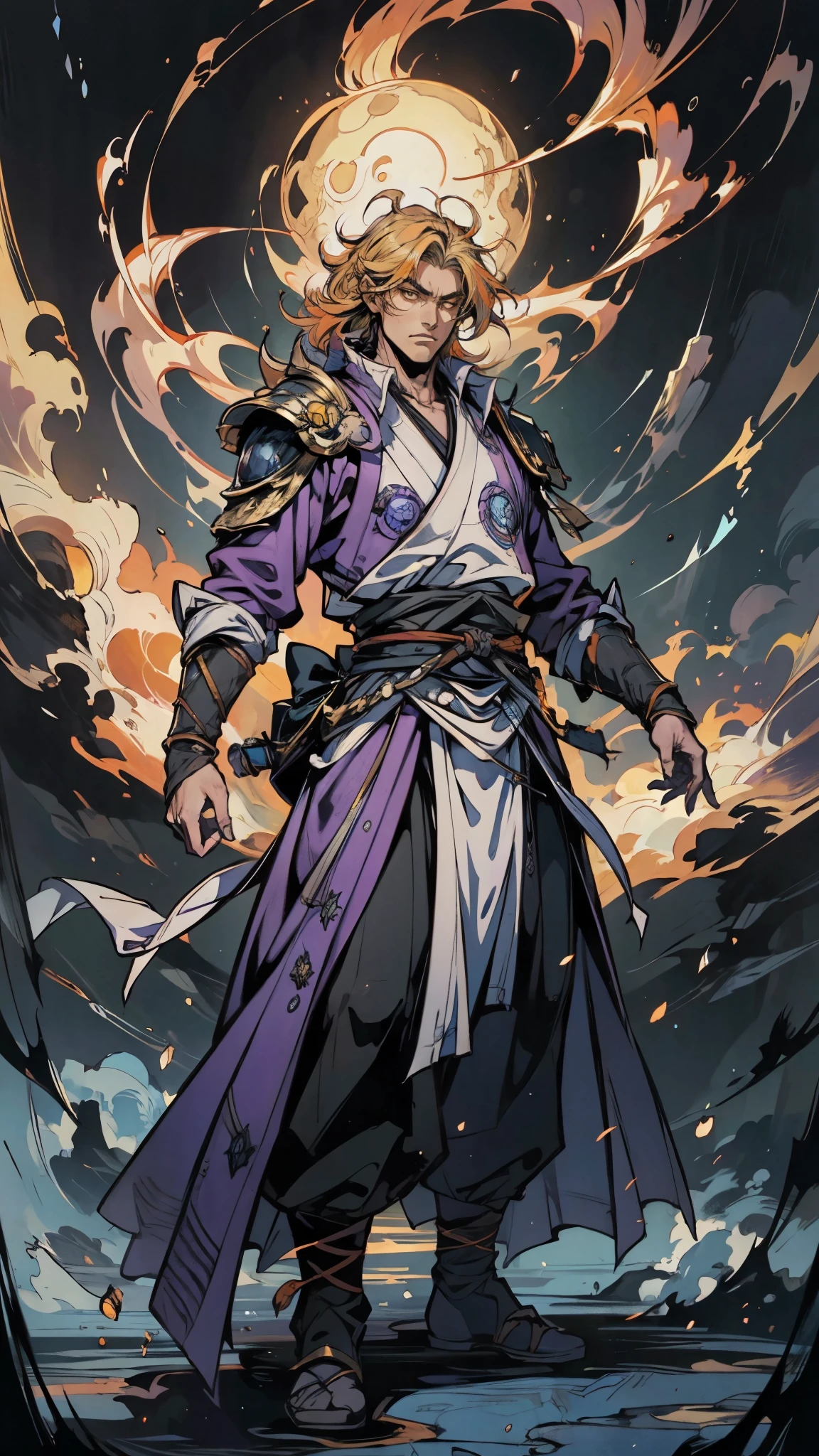 A man with short orange-yellow hair, messy hair ends, middle part long bangs, orange-yellow eyebrows, a furrowed brow, a focused gaze, a fantasy martial arts-style black-purple long robe with an openwork design revealing a plain undershirt, long sleeves, a satin sash belt, loose fabric trousers, he lifts his hand and bows his head in contemplation, set within a surreal room that melds fantasy and sci-fi elements, this character embodies a finely crafted fantasy martial arts-style feng shui master in anime style, exquisite and mature manga art style, high definition, best quality, highres, ultra-detailed, ultra-fine painting, extremely delicate, professional, perfect body proportions, golden ratio, anatomically correct, symmetrical face, extremely detailed eyes and face, high quality eyes, creativity, RAW photo, UHD, 32k, Natural light, cinematic lighting, masterpiece-anatomy-perfect, masterpiece:1.5