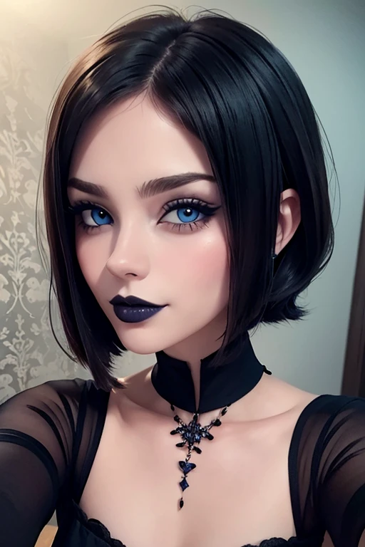 Cara hermosa cabellos corto estilo bob labios voluminosos ,sonrisa,  nariz respingada belleza extraordinaria, blue eyes pale skin,  Gothic Makeup , selfie, wallpaper fanart Stunning, obra maestra, realista, detallado perfecto 12k 