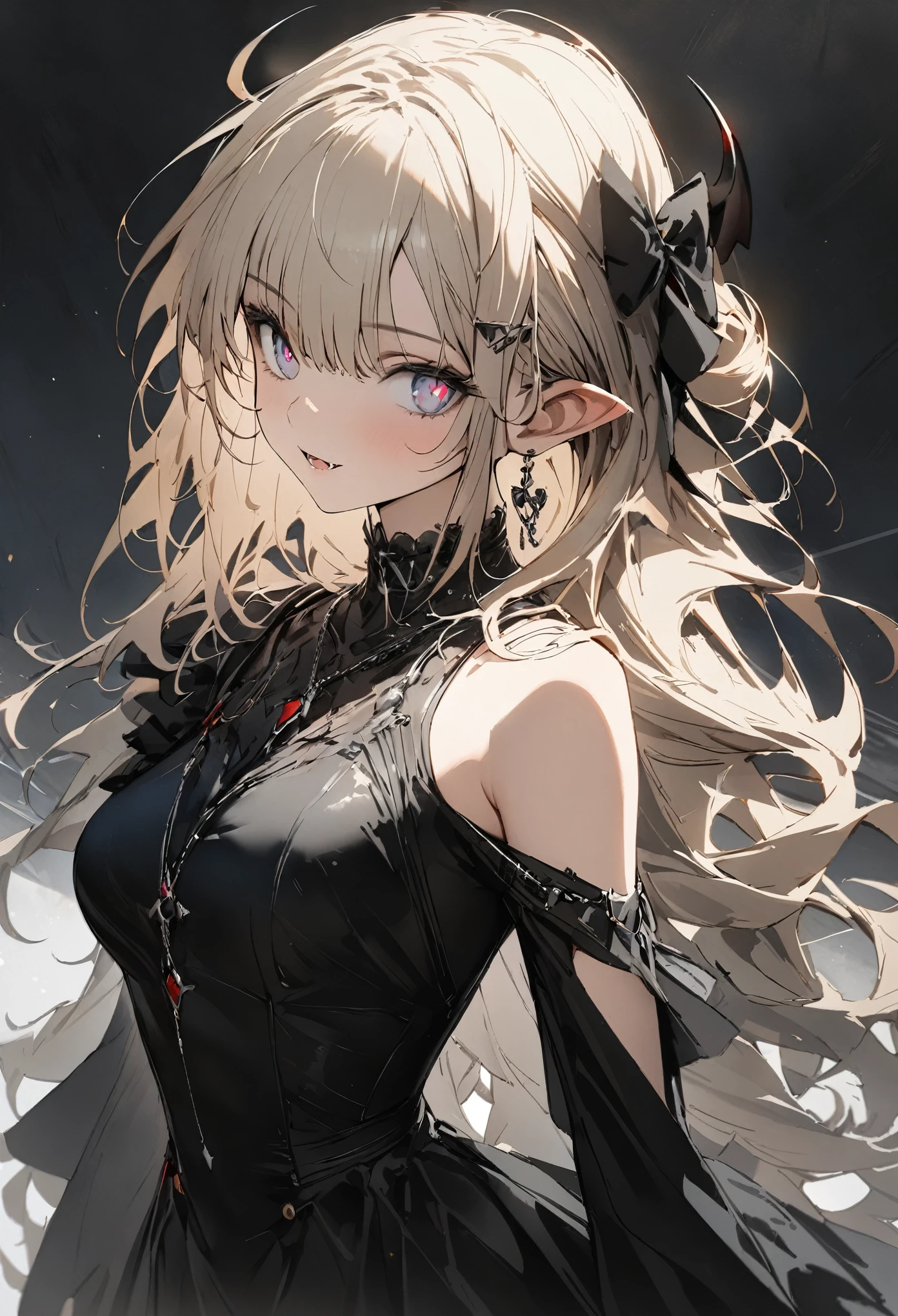 1girl, bangs, long hair, messy hair, gradient_eyes, diamond-shaped pupils, demon girl, royal type shoulder off dress, Conceptual art, masterpiece, super detail, high details, high quality, best quality, highres