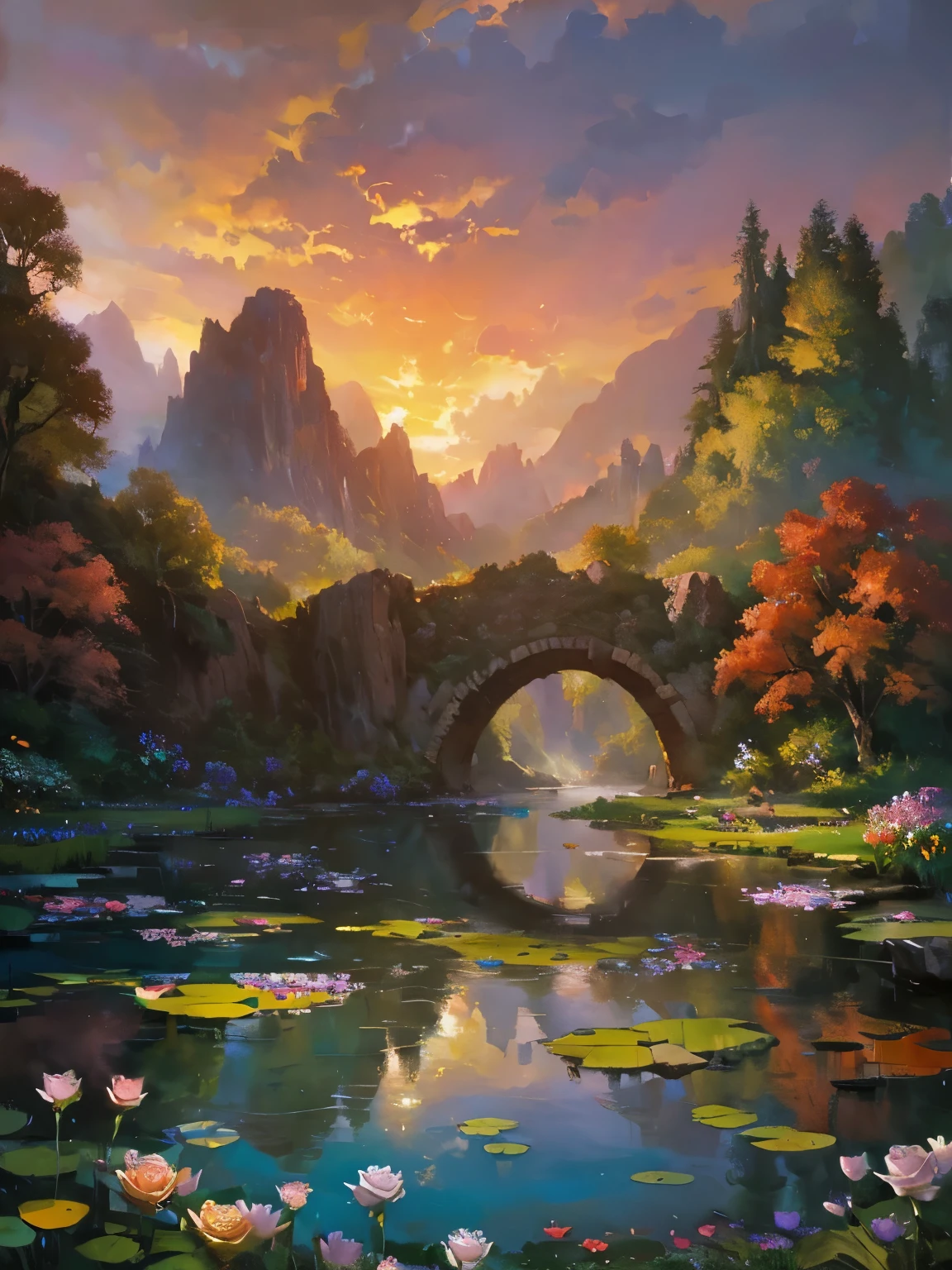 There is a huge waterfall in the middle of a mountain, ancient city embedded in mountain rocks, epic matte painting of an island, the Lost City of Atlantis. sunset, dark sky with red sunset clouds,  fog in the forest, waterfall flows into a pond, pond with a garden, flowers and water lily in a pond, rock bridge, epic landscape, oil painting art, watercolor art, lantern in the pond, ancient city blurred on mountain in the distance, fantasy, trend in artstation, trend in CGSociety, intricate, high detail, dramatic, art mid-journey, tall aguafall, painting of a river with rocks and trees in the foreground , near a river, landscape, jungle, aguafall, crystal clear water, night light, colorful, river with rocks, rock bridge, epic, Fantasy, ((roses and flowers on the banks of the pond) ), ((Oil painting)),  ((rock bridge))