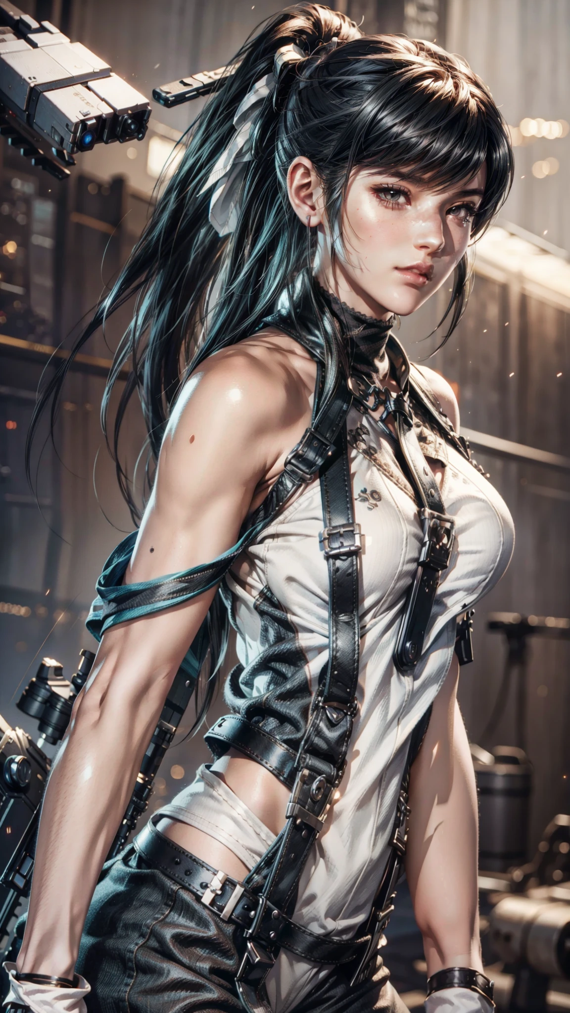 mulher arafada com uma arma e um arnês nas costas, Véspera, Lâmina Estelar, renderização fotorrealista de garota anime, tifa, Tifa Lockhart, inspirado em Leng Mei, motor irreal render + uma deusa, Akihiko Yoshida. motor irreal, Foto de renderização de 8k octae, seductive Tifa Lockhart portrait, Tifa Lockhart with white hair, portrait of Tifa Lockhart