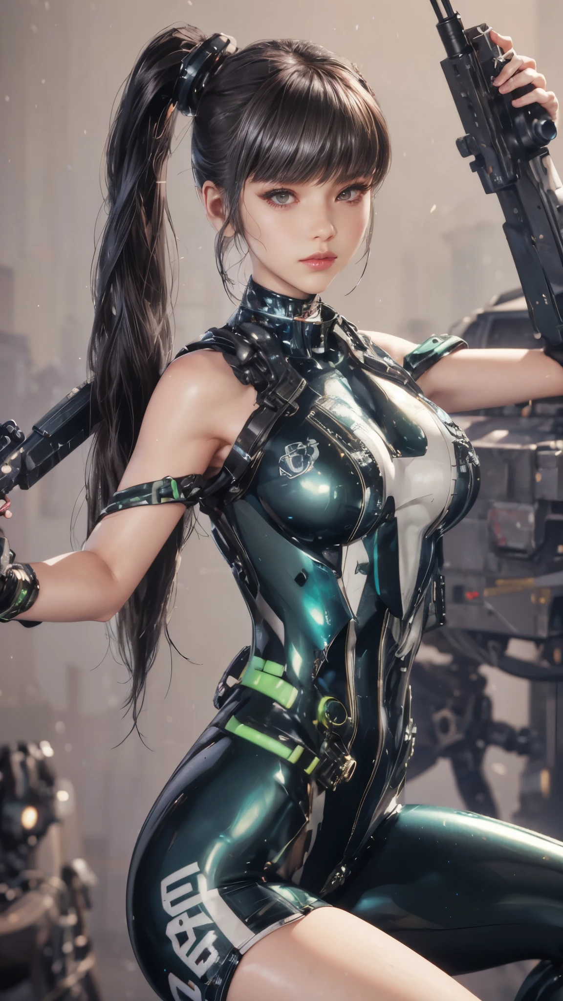 il y a une femme dans une tenue en latex qui tient une arme, Veille, lame stellaire, fille soldat mécanisée, fille androïde parfaite, m4 sopmod ii filles première ligne, fille en cyber-armure mecha, art du personnage de rendu 3D 8 k, corps de cyborg gynoïde, fille en armure, Cyberpunk 2 0 ans. Ô fille modèle, héroïne androïde, personnage en gros plan