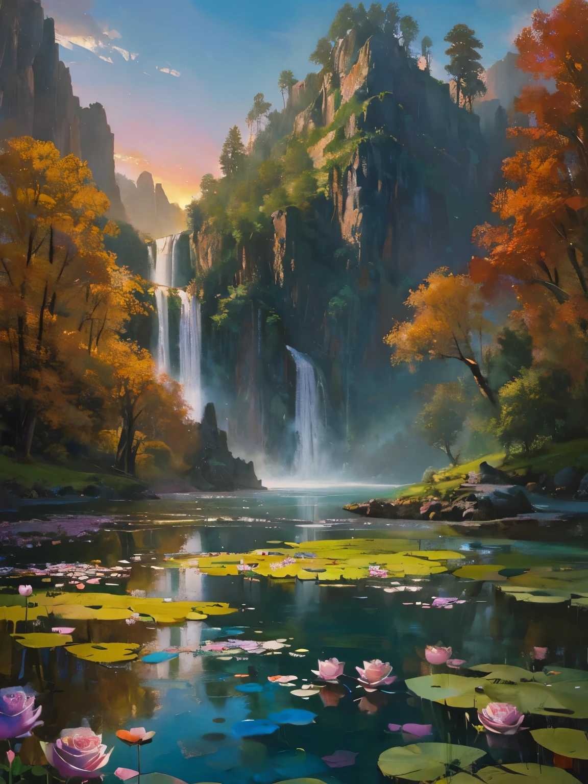 There is a huge waterfall in the middle of a mountain, ancient city embedded in mountain rocks, epic matte painting of an island, the Lost City of Atlantis. sunset, dark sky with red sunset clouds,  fog in the forest, waterfall flows into a pond, pond with a garden, flowers and water lily in a pond, rock bridge, epic landscape, oil painting art, watercolor art, lantern in the pond, ancient city blurred on mountain in the distance, fantasy, trend in artstation, trend in CGSociety, intricate, high detail, dramatic, art mid-journey, tall aguafall, painting of a river with rocks and trees in the foreground , near a river, landscape, jungle, aguafall, crystal clear water, night light, colorful, river with rocks, rock bridge, epic, Fantasy, ((roses and flowers on the banks of the pond) ), ((Oil painting)),  ((rock bridge))