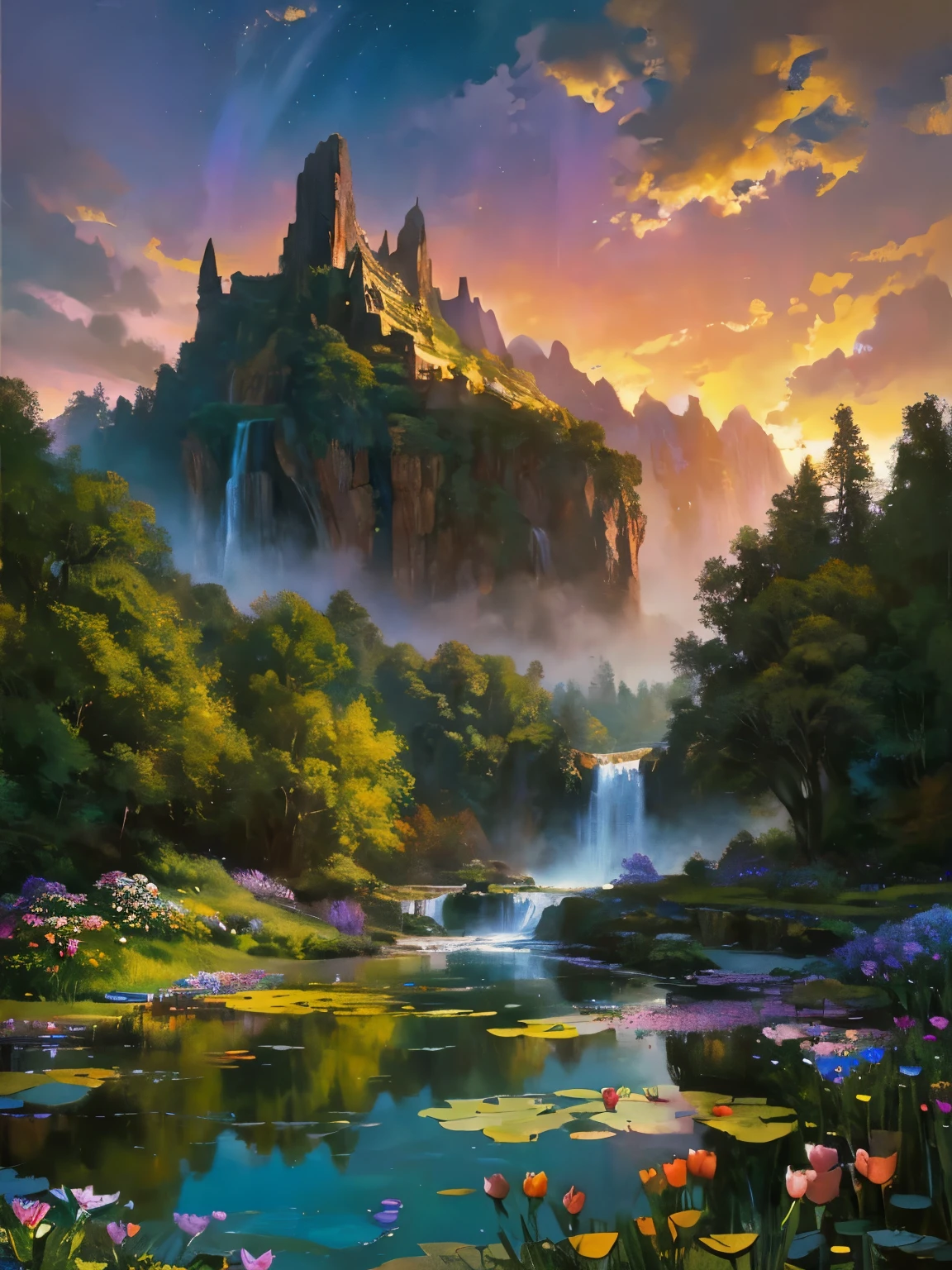 There is a huge waterfall in the middle of a mountain, ancient city embedded in mountain rocks, epic matte painting of an island, the Lost City of Atlantis. sunset, dark sky with red sunset clouds,  fog in the forest, waterfall flows into a pond, pond with a garden, flowers and water lily in a pond, rock bridge, epic landscape, oil painting art, watercolor art, lantern in the pond, ancient city blurred on mountain in the distance, fantasy, trend in artstation, trend in CGSociety, intricate, high detail, dramatic, art mid-journey, tall aguafall, painting of a river with rocks and trees in the foreground , near a river, landscape, jungle, aguafall, crystal clear water, night light, colorful, river with rocks, rock bridge, epic, Fantasy, ((roses and flowers on the banks of the pond) ), ((Oil painting)),  ((rock bridge))