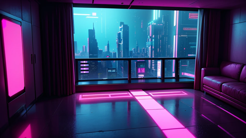 Una habitación con vistas desde un dormitorio de ciencia ficción de gran altura. ciberpunk 2077 & Inspirado en BladeRunner 2049.
