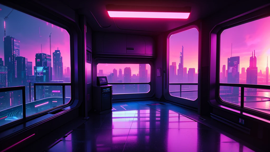 Um quarto com vista de um arranha-céu Sci-fi Bedroom. ciberpunk 2077 & Inspirado em BladeRunner 2049.
