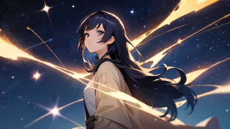 anime style 1girl, Design an image showcasing the allure of a starry night sky, with a myriad of twinkling stars, constellations...