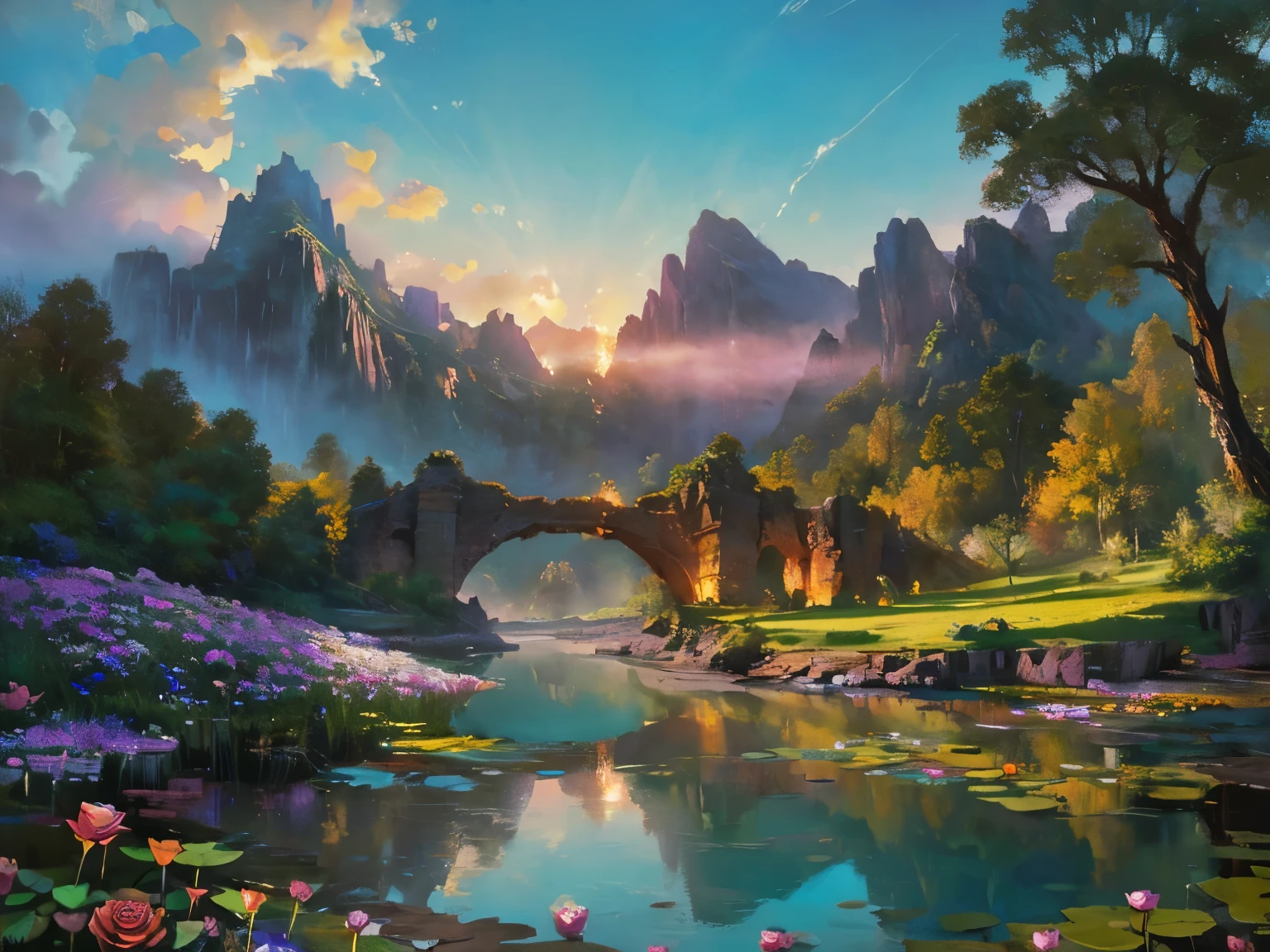 There is a huge waterfall in the middle of a mountain, ancient city embedded in mountain rocks, epic matte painting of an island, the Lost City of Atlantis. sunset, dark sky with red sunset clouds,  fog in the forest, waterfall flows into a pond, pond with a garden, flowers and water lily in a pond, rock bridge, epic landscape, oil painting art, watercolor art, lantern in the pond, ancient city blurred on mountain in the distance, fantasy, trend in artstation, trend in CGSociety, intricate, high detail, dramatic, art mid-journey, tall aguafall, painting of a river with rocks and trees in the foreground , near a river, landscape, jungle, aguafall, crystal clear water, night light, colorful, river with rocks, rock bridge, epic, Fantasy, ((roses and flowers on the banks of the pond) ), ((Oil painting)),  ((rock bridge))