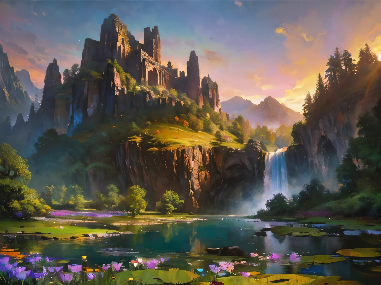 There is a huge waterfall in the middle of a mountain, ancient city embedded in mountain rocks, epic matte painting of an island, the Lost City of Atlantis. sunset, dark sky with red sunset clouds,  fog in the forest, waterfall flows into a pond, pond with a garden, flowers and water lily in a pond, rock bridge, epic landscape, oil painting art, watercolor art, lantern in the pond, ancient city blurred on mountain in the distance, fantasy, trend in artstation, trend in CGSociety, intricate, high detail, dramatic, art mid-journey, tall aguafall, painting of a river with rocks and trees in the foreground , near a river, landscape, jungle, aguafall, crystal clear water, night light, colorful, river with rocks, rock bridge, epic, Fantasy, ((roses and flowers on the banks of the pond) ), ((Oil painting)),  ((rock bridge))