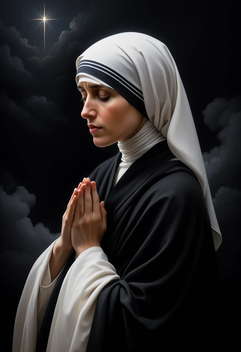 Mother Teresa，monk，black robe，sacred，Pious，simple - SeaArt AI