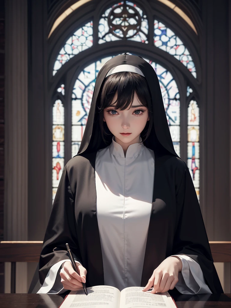 Sexy nun black robe,church background,The face holding the Bible and studying it in detail,The delicate eyes are ethereal and dreamy,gentle,HD ultra-detail,best quality,Super detailed animated lighting art visual effects movie scene lighting effects master work