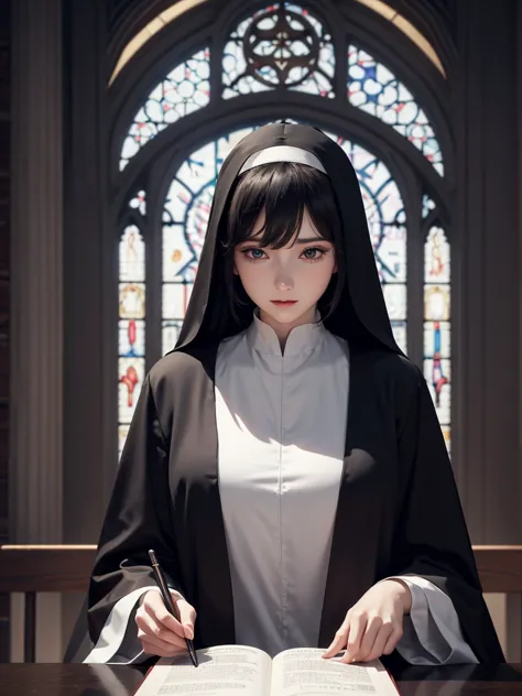 sexy nun black robe,church background,the face holding the bible and studying it in detail,the delicate eyes are ethereal and dr...