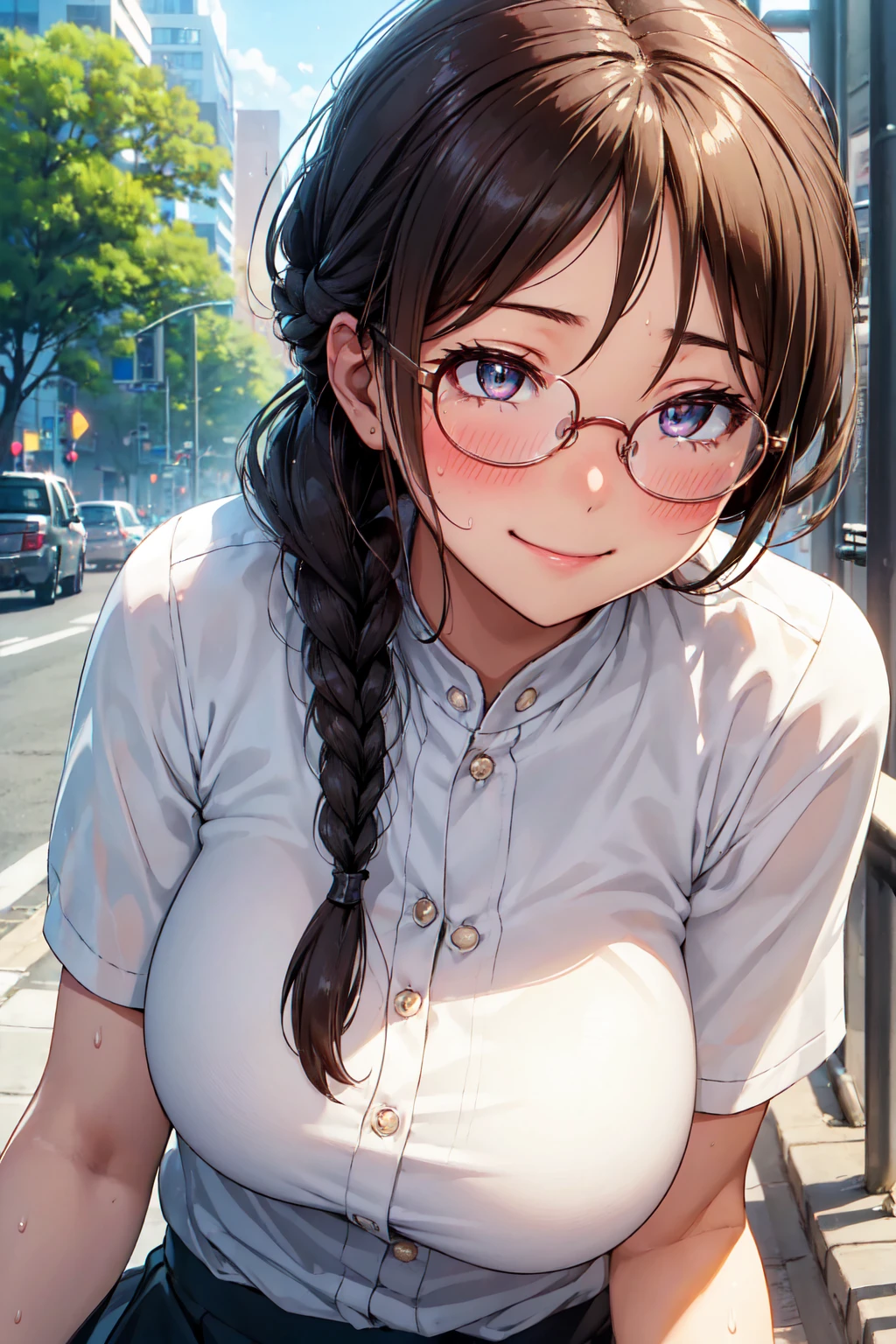 (high quality, High resolution, small details), sidewalk, side view, alone, girl, braid hair, , sparkling eyes, (large round frame glasses), (fine eyes), big breasts, ((gentle smile)), blush, Sweat, oily skin, (Focus plane), shallow depth of field