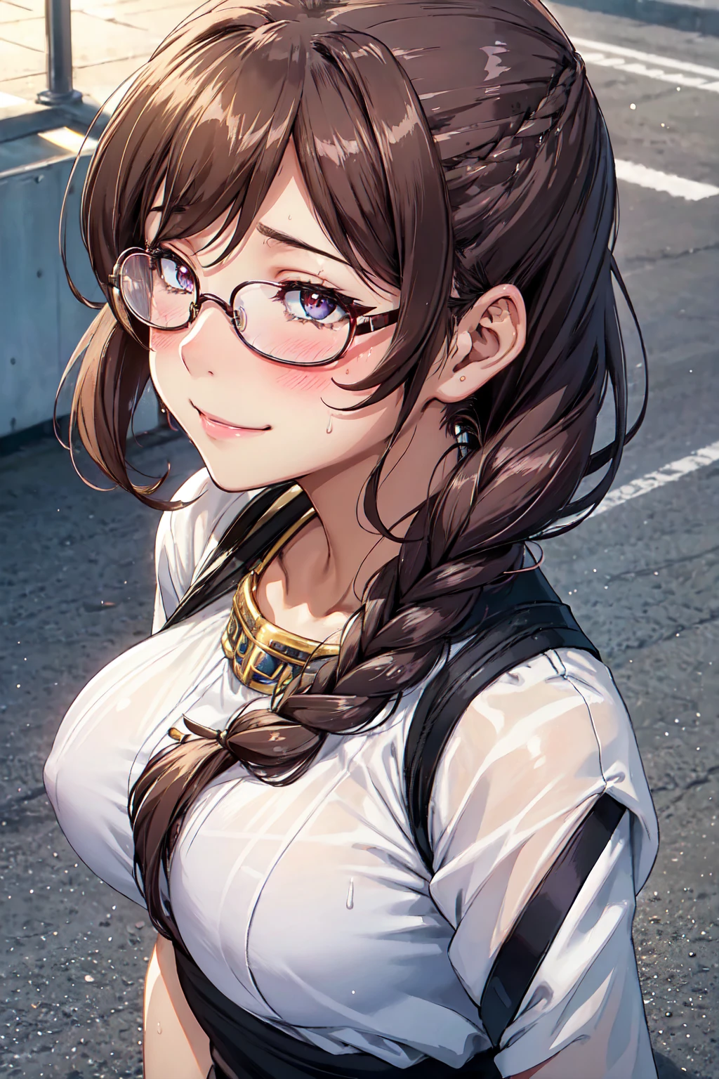 (high quality, High resolution, small details), sidewalk, side view, alone, girl, braid hair, , sparkling eyes, (large round frame glasses), (fine eyes), big breasts, ((gentle smile)), blush, Sweat, oily skin, (Focus plane), shallow depth of field