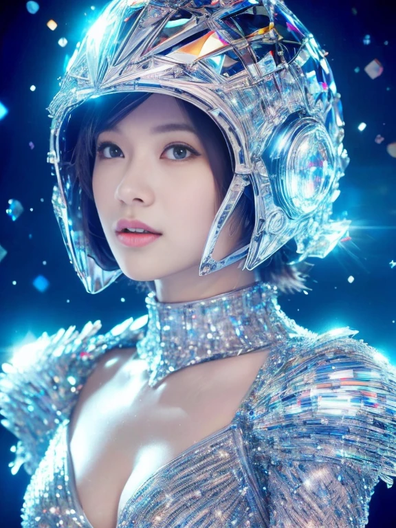 best image quality, excellent details, ultra high resolution, (realism: 1.6), best illustration, Favor details, condensed 1 girl, With a delicate and beautiful face, (Clad in silver and blue armor made of crystals),((Wears a mechanical helmet made of crystals )), Accurately expresses details such as face and skin texture,((beautiful face and eyes)), (short hair),slender body shape,alone,cleavage,The background is a high-tech lighting scene of a futuristic city、upper body shot