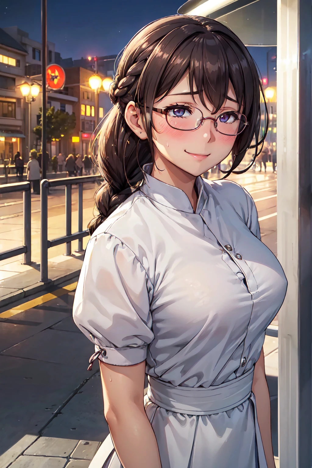 (high quality, High resolution, small details), sidewalk, side view, alone, girl, braid hair, , sparkling eyes, (large round frame glasses), (fine eyes), big breasts, ((gentle smile)), blush, Sweat, oily skin, (Focus plane), shallow depth of field