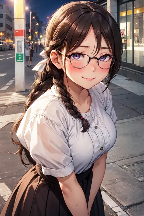 (high quality, High resolution, small details), sidewalk, side view, alone, girl, braid hair, , sparkling eyes, (large round fra...