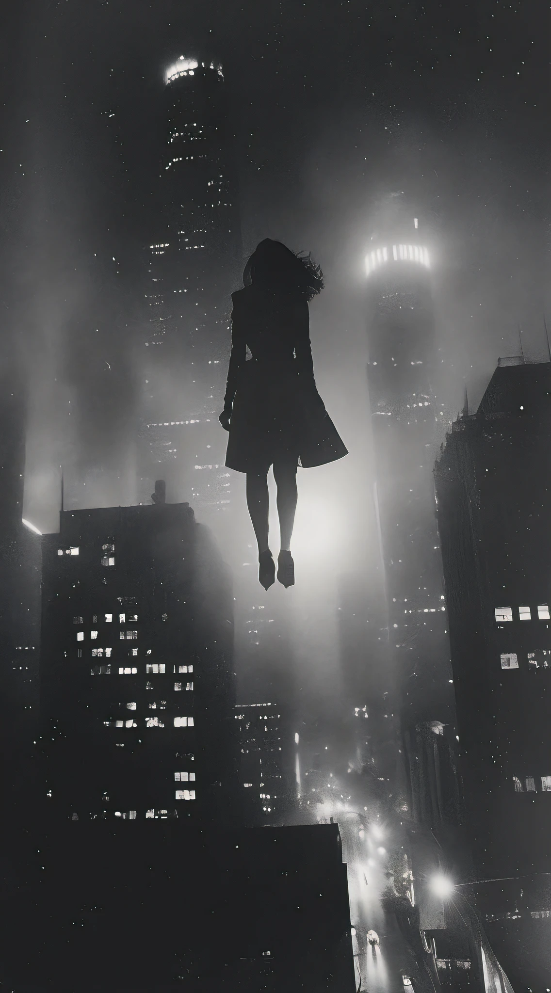 (best quality,4k,8k,highres,masterpiece:1.2),ultra-detailed,(realistic,photorealistic,photo-realistic:1.37), woman in the air black and white night 1979 downtown los angeles toxic wasteland