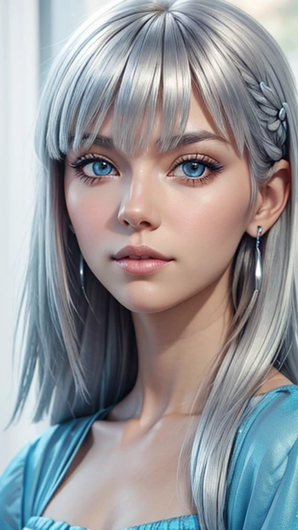 (Best quality, ultra realistic) 8k, dream aesthetic, dream atmosphere, 1 tall girl, beautiful cute girl, light cyan_eyes, flushed cheeks, ((long hair color [Silver blonde hair], [pixie cut with bangs] hair)), earrings, lips, short sleeve, realistic, proportional waist, charming, colorful makeup, long eyelashes, very white skin, pale skin, clear skin, (cute), (cute face), Detailed eyes, Detailed iris,