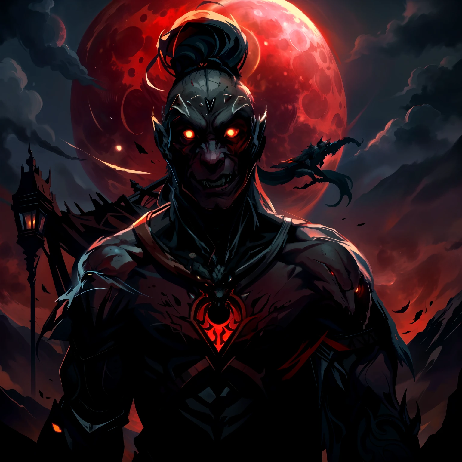 A man stoops and turns into a wolf against the backdrop of the full moon., Werewolf , Van Helsing, a man turns into a werewolf against the backdrop of the red moon, Horror Art, night with a painted moon, look at the viewer, Moon over the werewolf&#39;s head, mountains are visible in the background, drawing in night colors