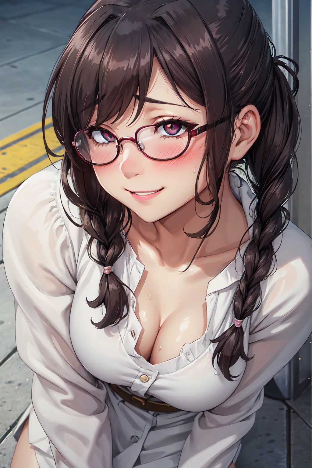 (high quality, High resolution, small details), sidewalk, side view, alone, girl, braid hair, , sparkling eyes, (large round frame glasses), (fine eyes), big breasts, ((gentle smile)), blush, Sweat, oily skin, (Focus plane), shallow depth of field,Disciplined smile,face with shadow