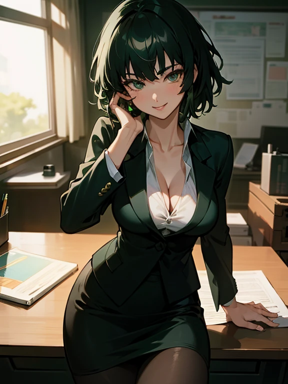 fubuki, green hair, pantyhose, white shirt, cleavage, blazer, pencil skirt, smile, office, cowboy shot, sitting, highly detailed, HD, 4K, Masterpiece, highres