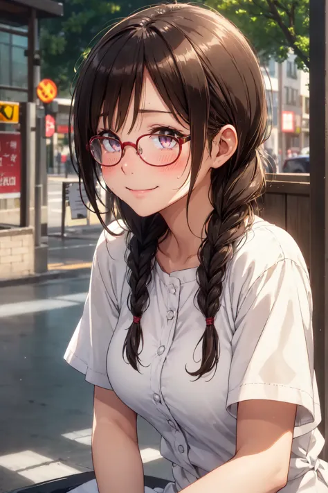 (high quality, High resolution, small details), sidewalk, side view, alone, girl, braid hair, , sparkling eyes, (large round fra...