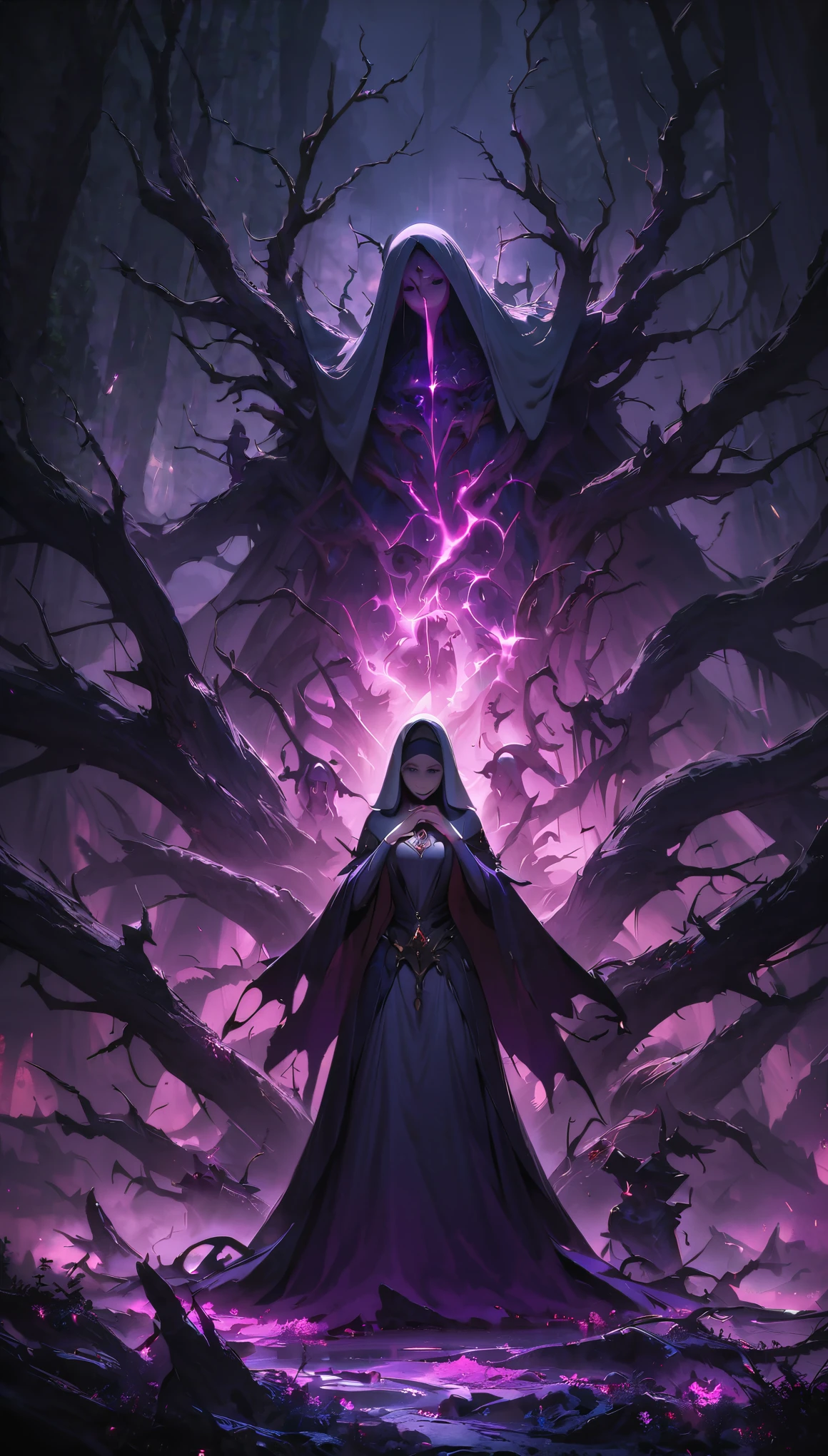 (best quality, masterpiece), dark fantasy world, nun of Fallen God, pray near broken statue of her God, (eerie mist shrouding the ancient trees ,twisted and gnarled branches), (hints of magical aura,evoking a sense of mystery), (sinister and otherworldly, supernatural presence, ethereal ambiance)