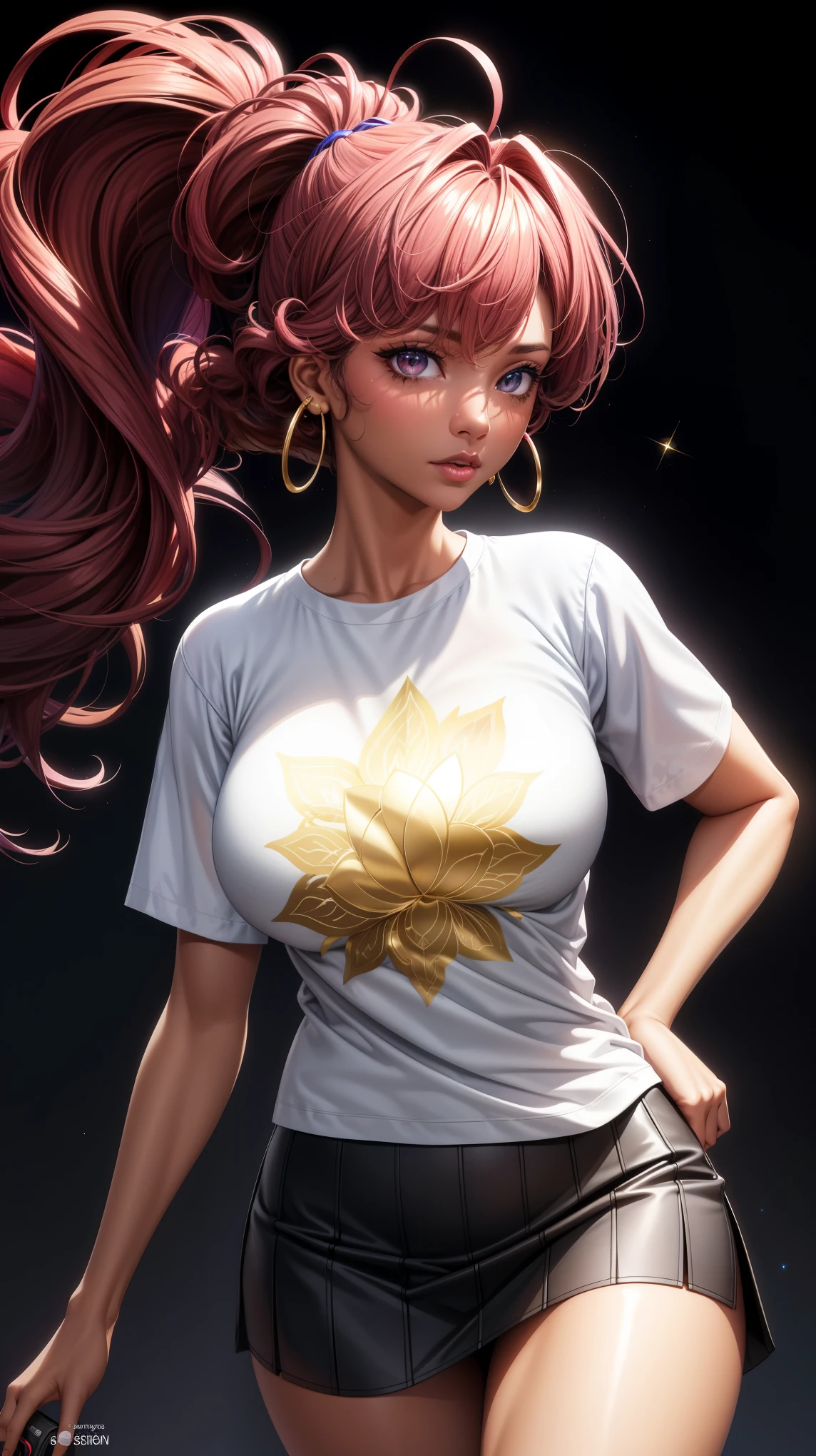 (best quality:1.5, highres, UHD, 4K, detailed lighting, shaders), curly floral haired, gradient hair, large breasts, suit, T-shirt, social shirt, short skirt, mature woman , (pov), white background, colorful eyeshadow, dramatic lighting, sparkling eyes, sensual expression, golden earrings, flowing hair, delicate facial features, dark skin, high cheekbones, urban setting, black background, dont look for the camera, lean forward,  behind  the camera