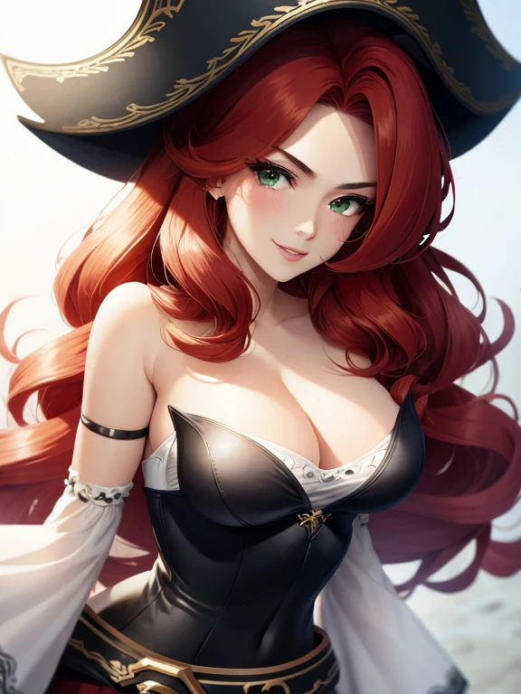 medium breasts, 1girl, scarlet hair, wavy hair, very long hair, black pirate hat, Hair covers one eye, slim and voluptuous, green eyes, mascara, thick lips, free cleavage, bare shoulders, miss fortune \(league of legends\), pirate hat, bra, detached sleeves, wide sleeves, off shoulder, cleavage, smiling, close up, looking at camera,
