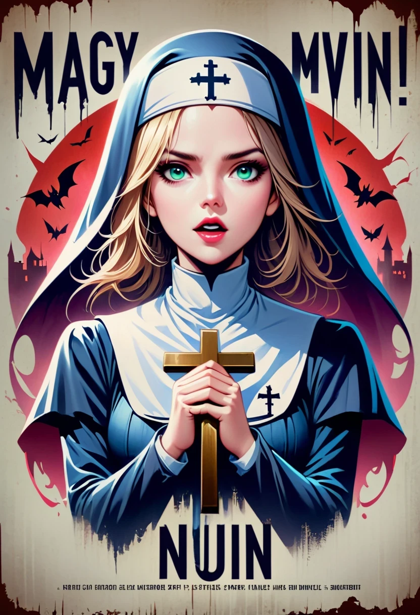 a poster of a nun holding a cross in her hands, an evil nun, nun, magic, official poster, horror movie poster,(Title says "nun":1.7),Movie Nine, horror poster, Gavin Nolan, movie poster with no text, Cleland Films, magic style, horror movie poster, movie poster, author：Jan Zrzavý, horror movie poster style，(dark fantasy), (Super wide angle moonlight), Gothic castle front, Skeleton Nun (bow your head, Wearing ragged nun clothes，green eyes, open mouth) , concept digital art, black and gray, (masterpiece, best quality, ultra high definition, Very detailed, movie lighting), Gothic