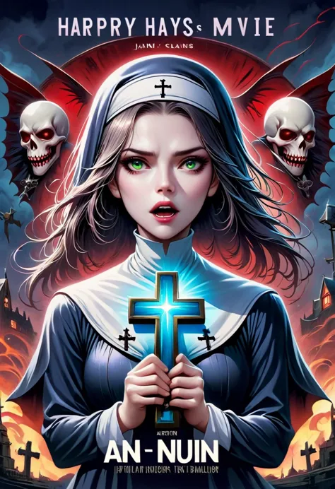 a poster of a nun holding a cross in her hands, an evil nun, nun, magic, official poster, horror movie poster,(Title says "nun":...