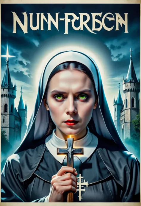 a poster of a nun holding a cross in her hands, an evil nun, nun, magic, official poster, horror movie poster,(Title says "nun":...