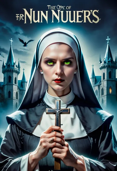 a poster of a nun holding a cross in her hands, an evil nun, nun, magic, official poster, horror movie poster,(Title says "nun":...